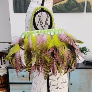Electric Lime & Soft Pink Feather, Sequin and Beaded Evening Purse Bag
